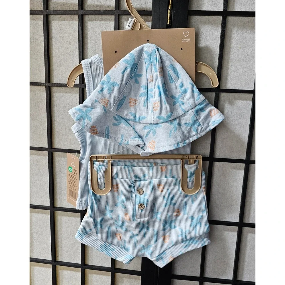 CHICKPEA 3 Piece‎ Palm Tree Tank Shorts Hat Set 3-6M Blue Tropical NWT